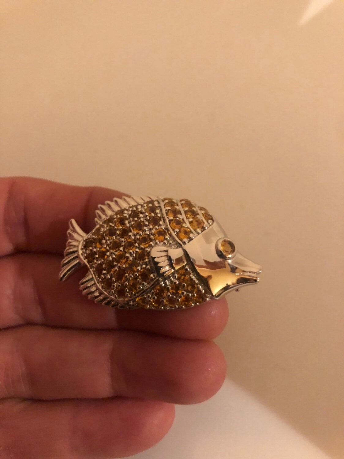 Vintage Handmade Golden Citrine Sterling Silver Fish Brooch
