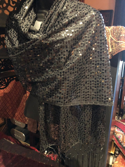 Vintage Styled Sheer Black Sequined Embroidered Wrap Shawl