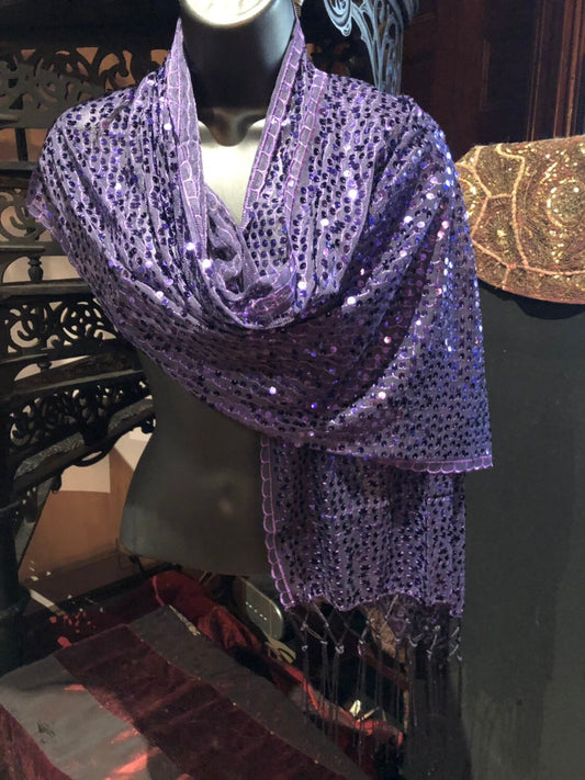 Vintage Styled Sheer Purple Sequined Embroidered Wrap Shawl