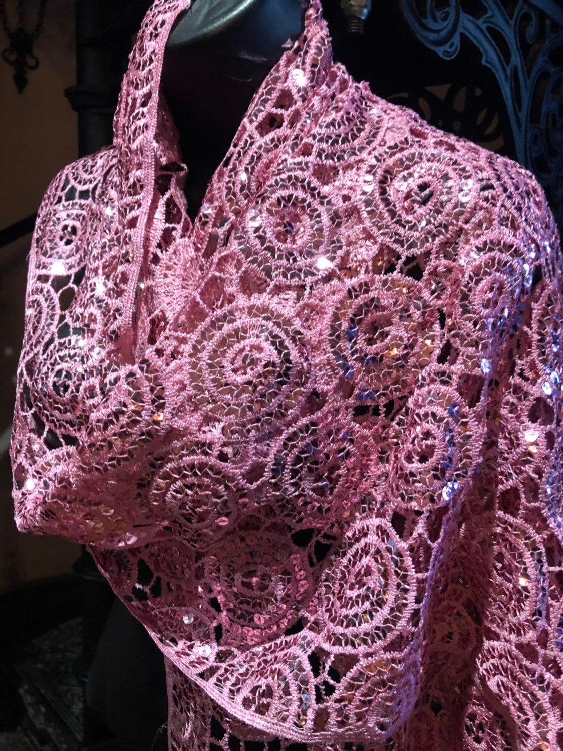 Vintage Styled Sheer Pink Sequined Embroidered Wrap Shawl