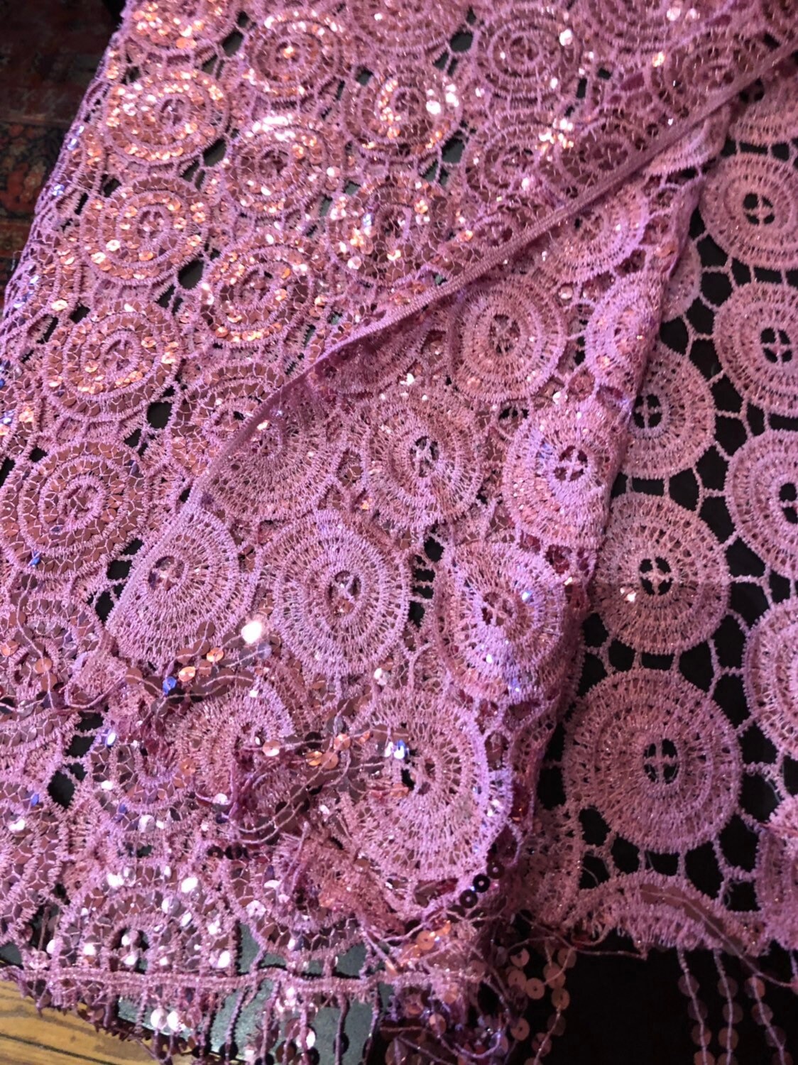 Vintage Styled Sheer Pink Sequined Embroidered Wrap Shawl