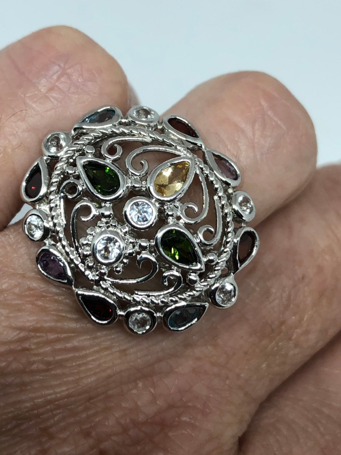 Vintage Handmade Genuine Tourmaline and White Sapphire 925 Sterling Silver Gothic Flower Ring