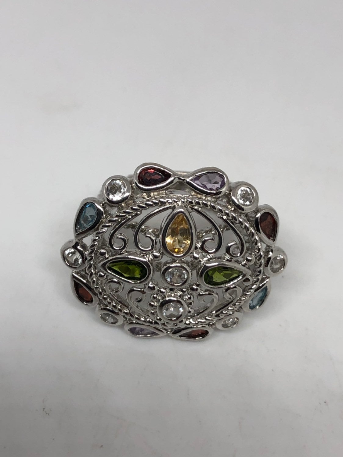 Vintage Handmade Genuine Tourmaline and White Sapphire 925 Sterling Silver Gothic Flower Ring