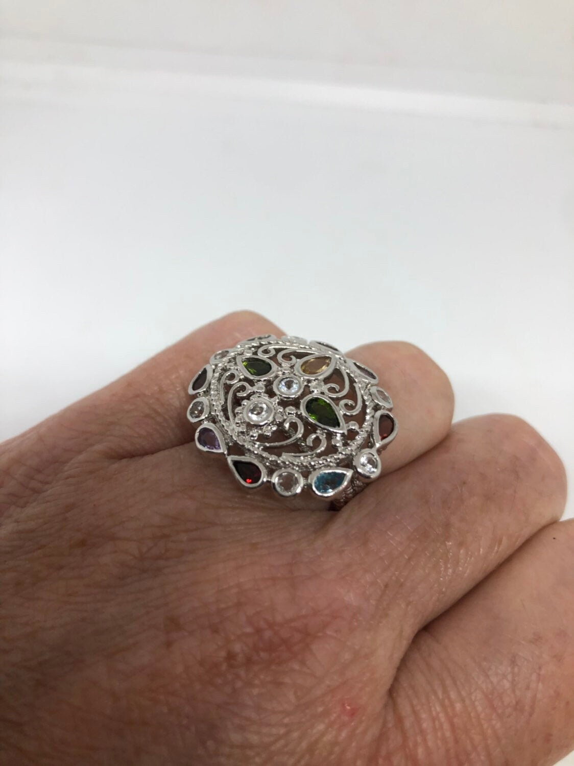 Vintage Handmade Genuine Tourmaline and White Sapphire 925 Sterling Silver Gothic Flower Ring