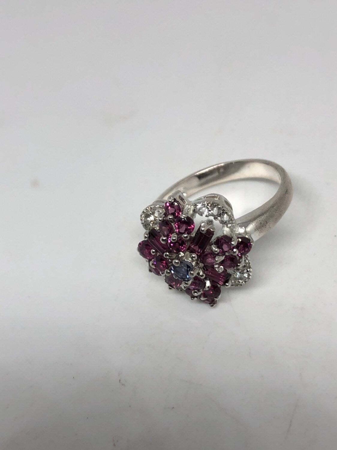 Vintage Handmade Pink Toumaline white Sapphire and Blue Iolite 925 Sterling Silver gothic Ring