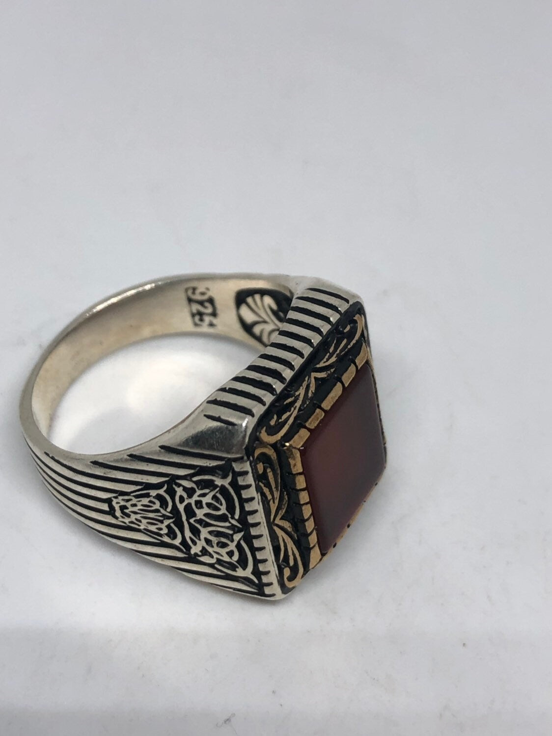 Vintage Gothic Sterling Silver Genuine Carnilian Mens Ring