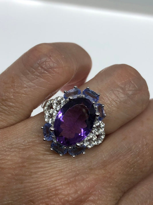 Vintage Genuine Amethyst Blue Tanzanite and White Sapphire 925 Sterling Silver Ring