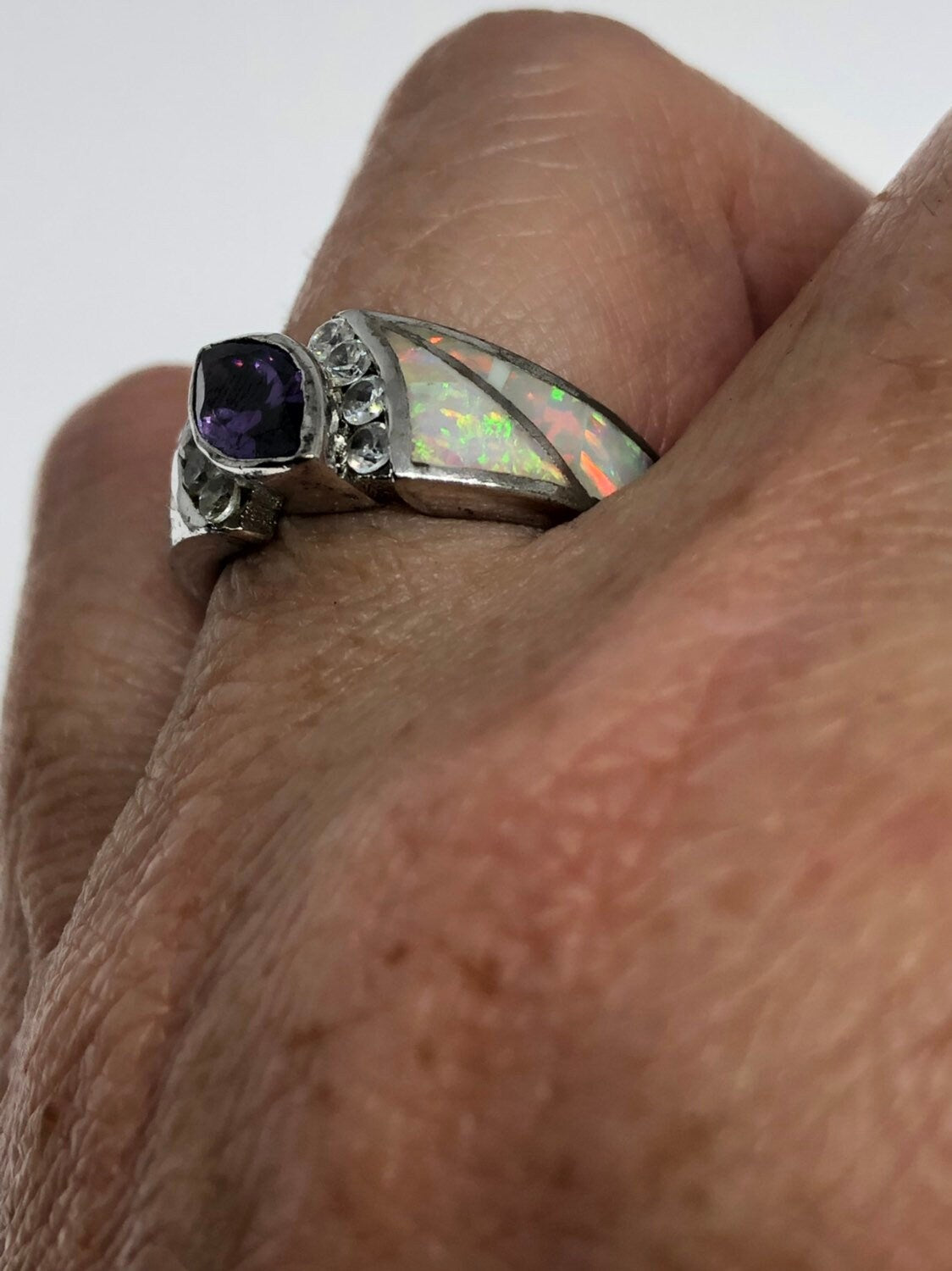 Vintage Handmade Genuine Purple Amethyst and Opal Inlay Setting 925 Sterling Silver Gothic Ring