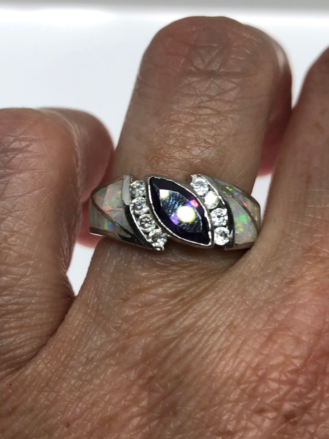 Vintage Handmade Genuine Purple Amethyst and Opal Inlay Setting 925 Sterling Silver Gothic Ring