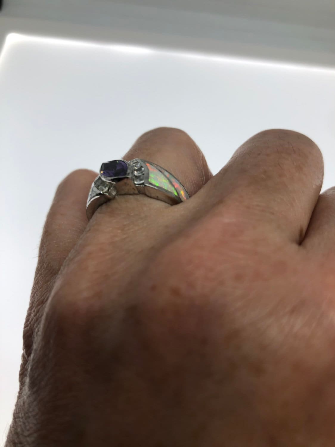 Vintage Handmade Genuine Purple Amethyst and Opal Inlay Setting 925 Sterling Silver Gothic Ring