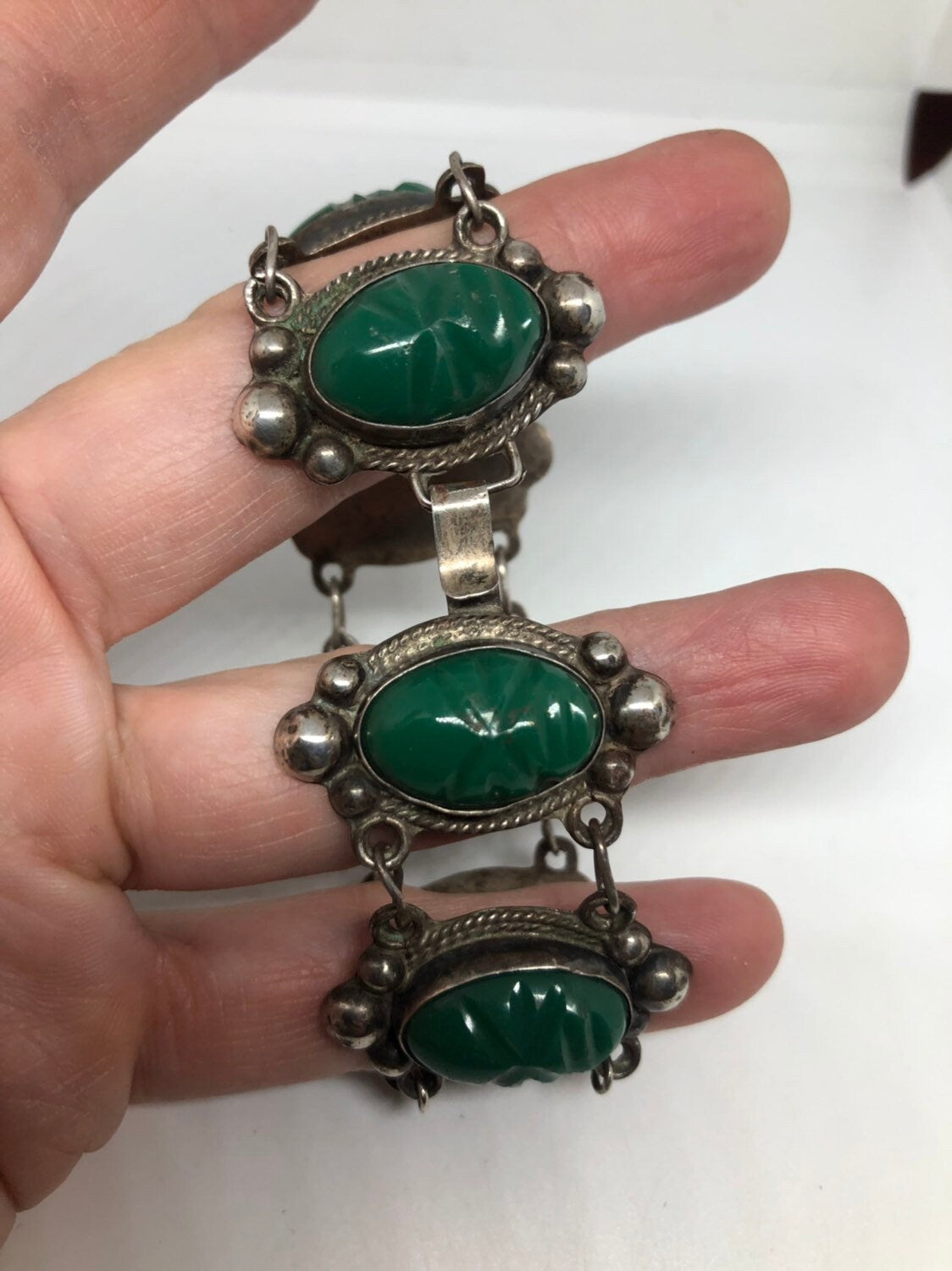 Vintage Gothic Sterling Silver Green Onyx Face Talisman Bracelet