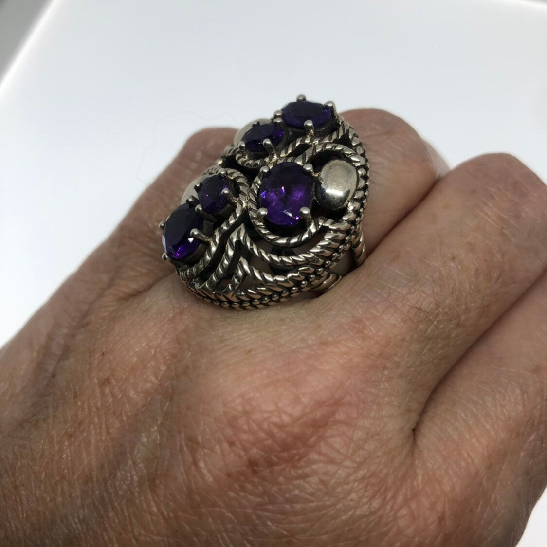 Vintage Handmade Deep Purple Genuine Amethyst Setting 925 Sterling Silver Gothic Ring