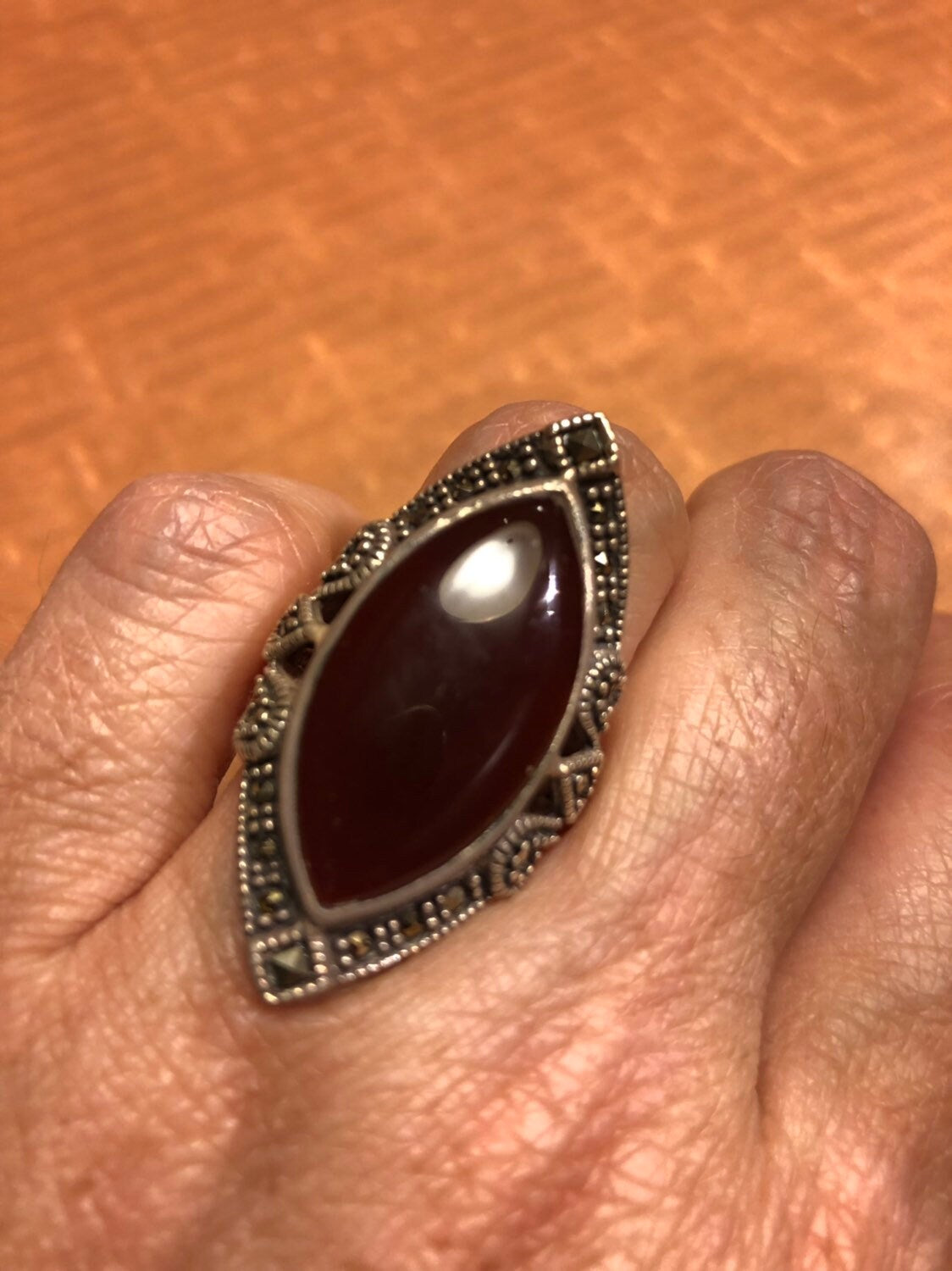 Vintage Genuine Red Carnelian 925 Sterling Silver Marcasite Ring
