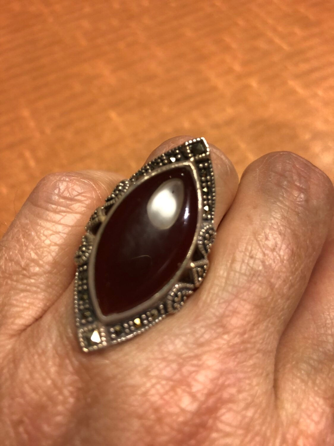 Vintage Genuine Red Carnelian 925 Sterling Silver Marcasite Ring