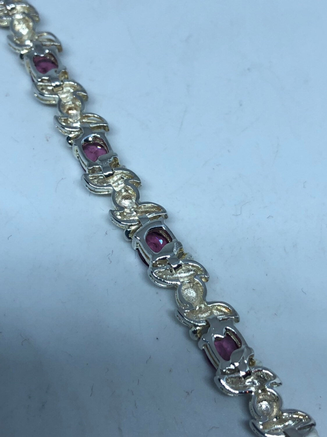 Vintage Victorian 925 Sterling Silver Filigree Pink Tourmaline Bracelet