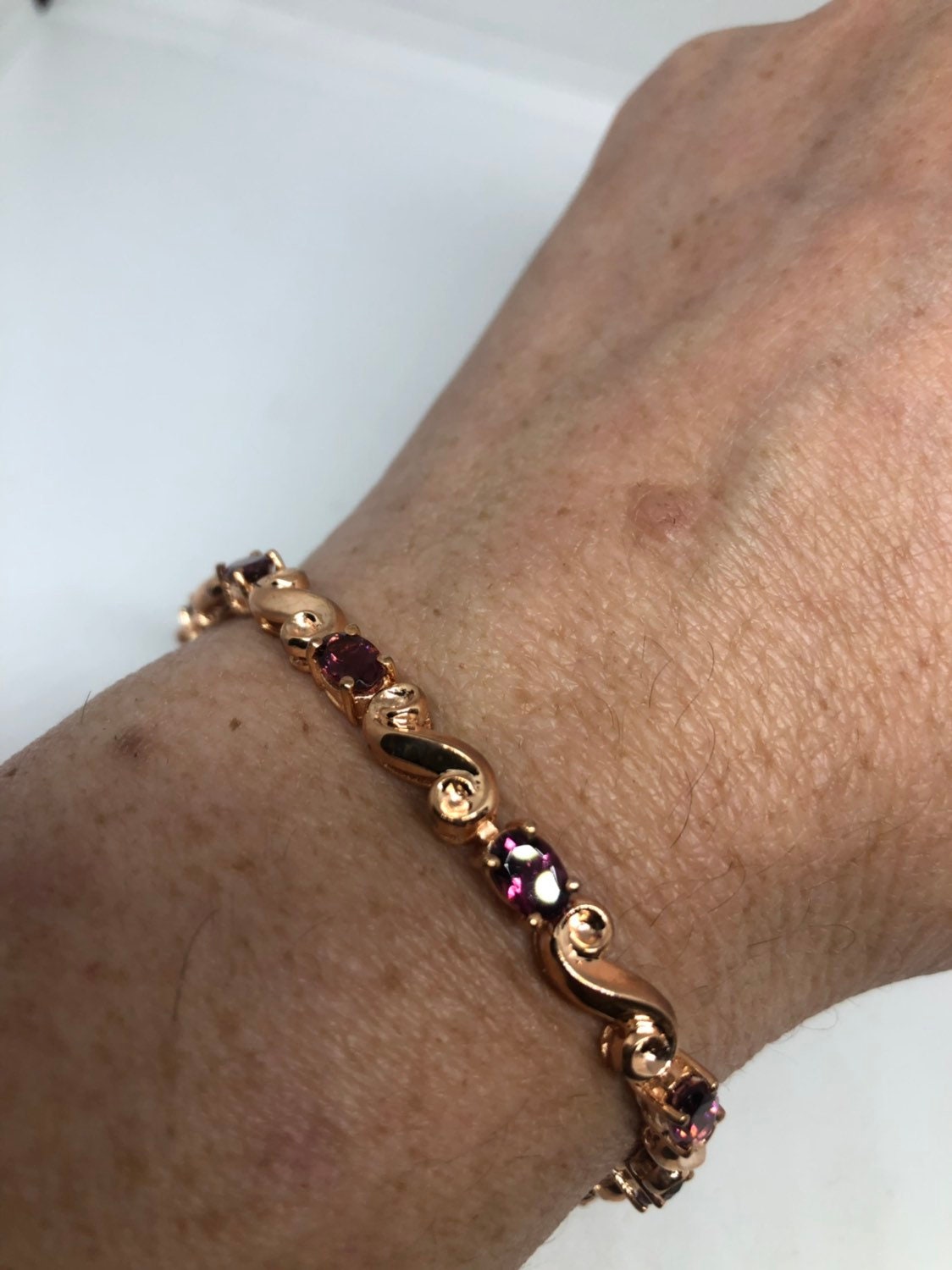 Vintage Rose Gold Rhodium 925 Sterling Silver Filigree Pink Tourmaline Bracelet