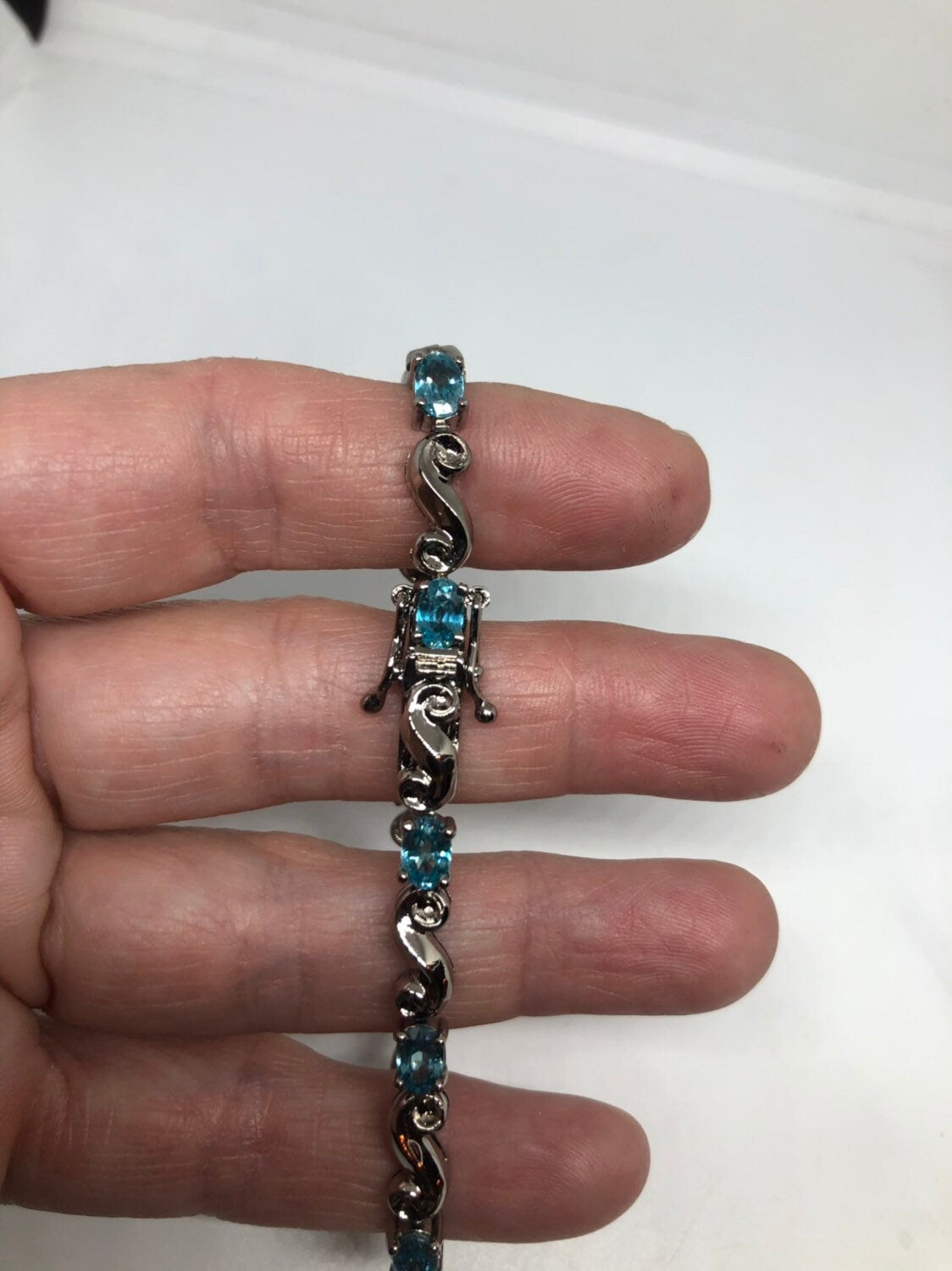 Handmade Genuine Blue Topaz Anitique Rhodium 925 Sterling Silver Tennis Bracelet