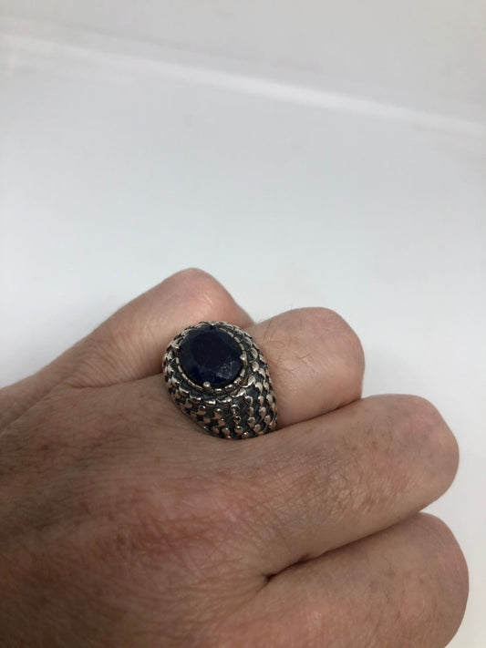 Vintage Black Blue Sapphire 925 Sterling Silver Gothic Ring