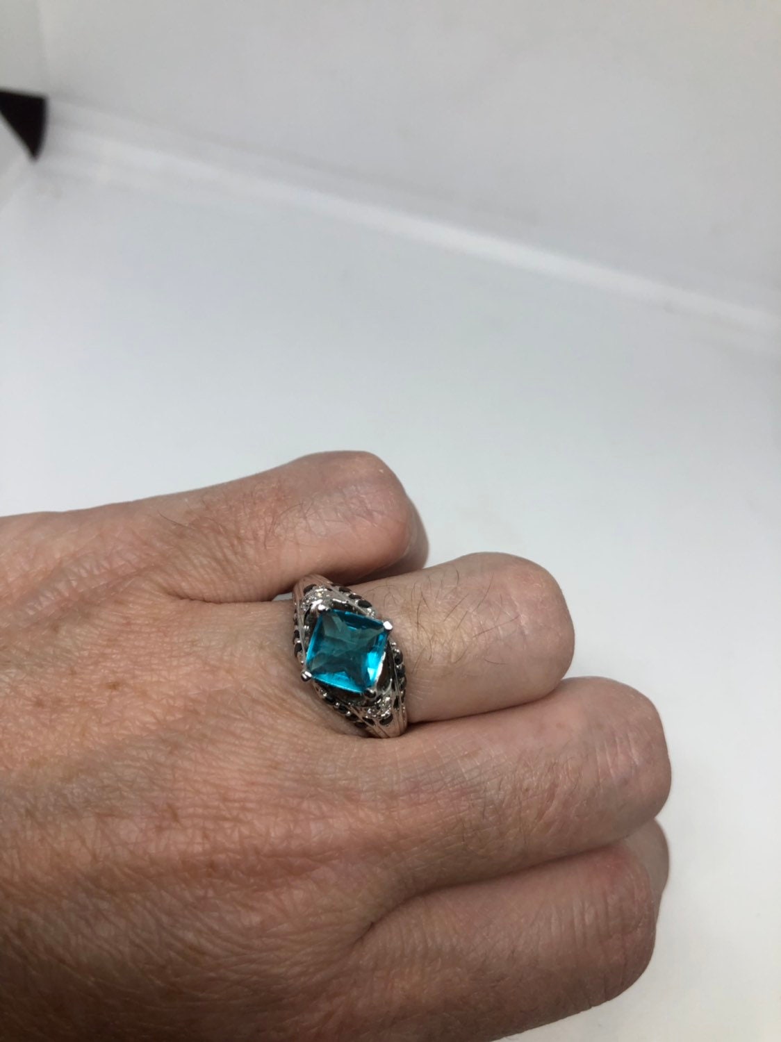 Vintage Genuine Blue Topaz 925 Sterling Silver Rhodium Ring