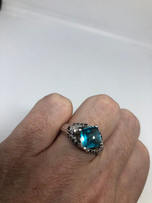 Vintage Genuine Blue Topaz 925 Sterling Silver Rhodium Ring