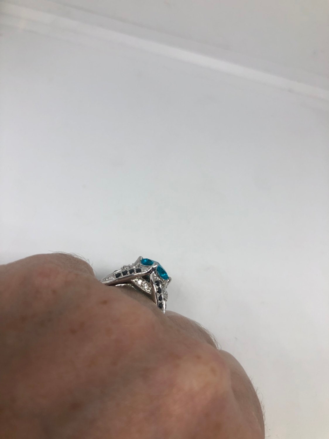 Vintage Genuine Blue Topaz 925 Sterling Silver Rhodium Ring