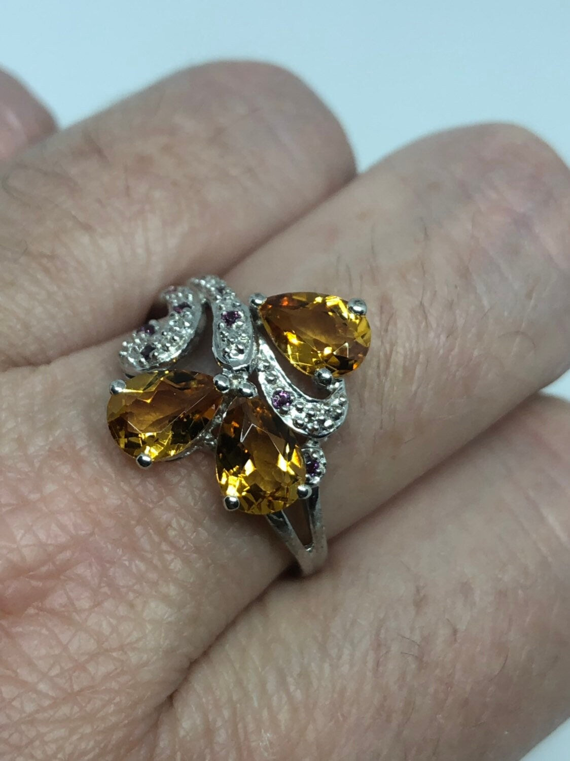 Vintage Gothic Golden Citrine Flower 925 Sterling Silver Ring