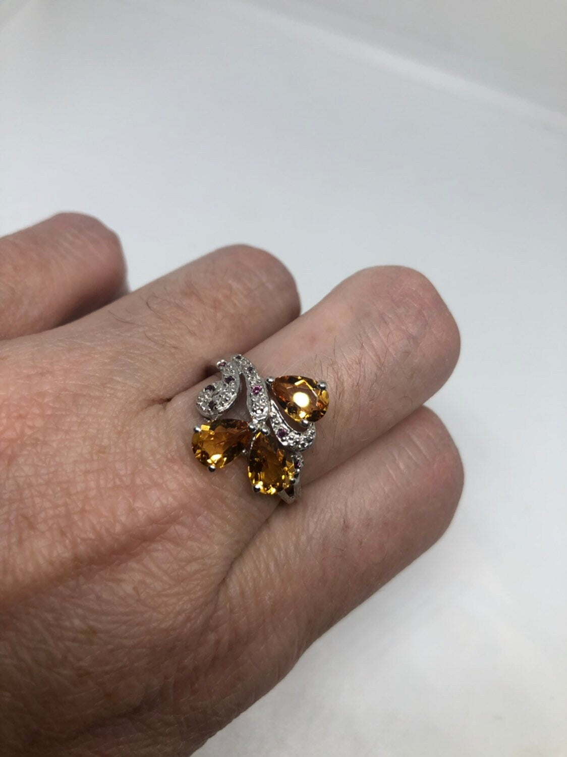 Vintage Gothic Golden Citrine Flower 925 Sterling Silver Ring