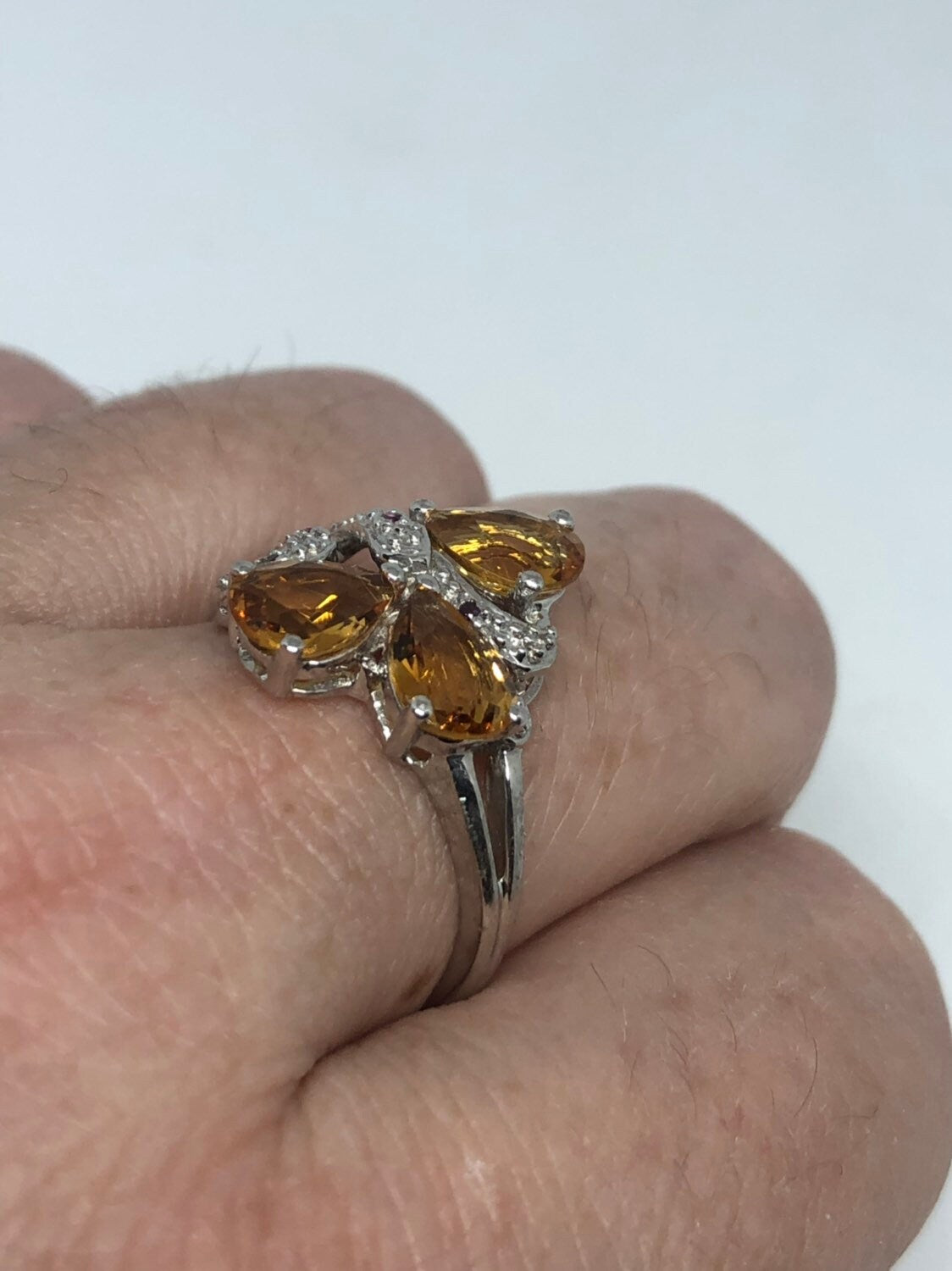 Vintage Gothic Golden Citrine Flower 925 Sterling Silver Ring