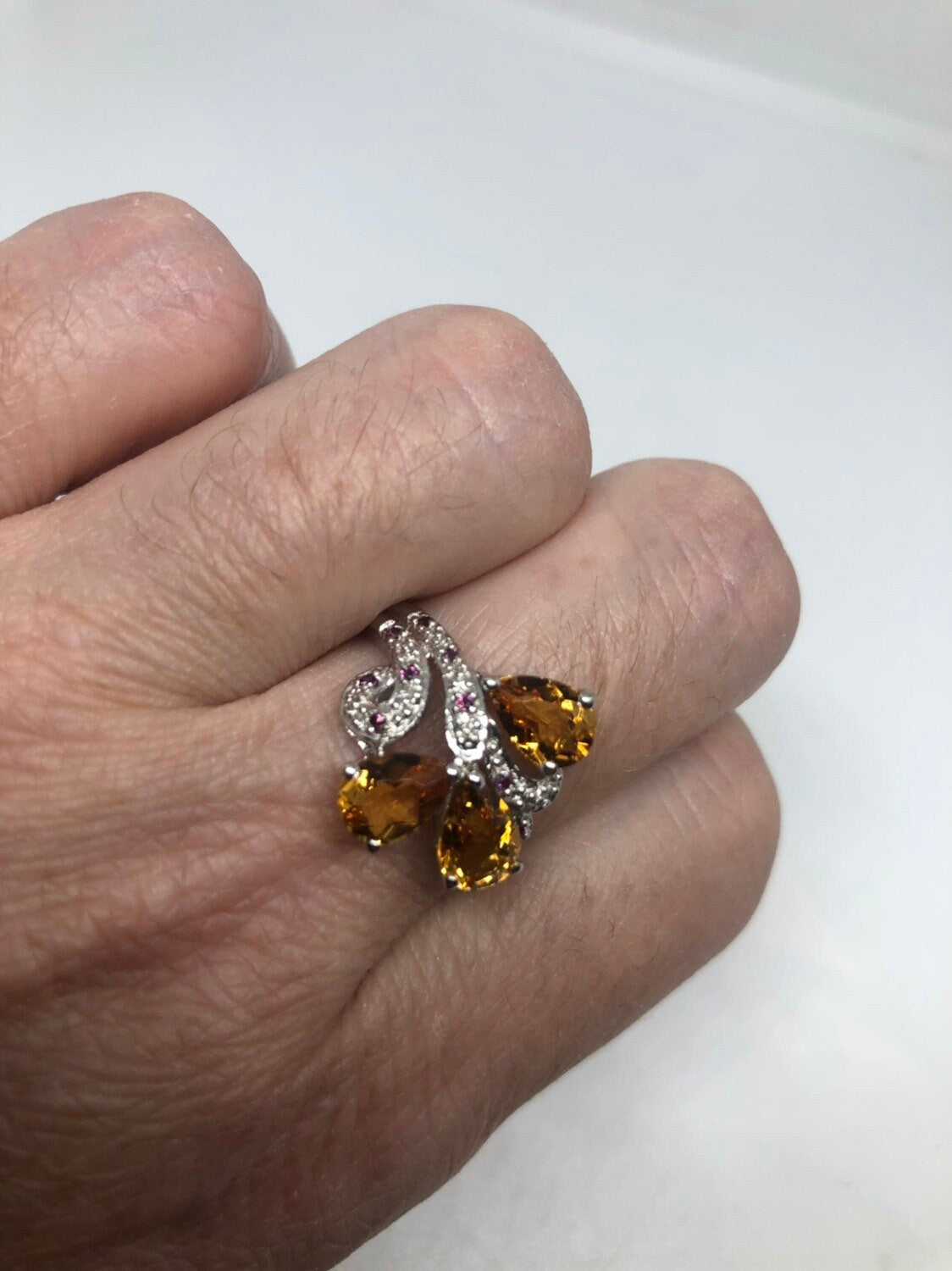 Vintage Gothic Golden Citrine Flower 925 Sterling Silver Ring