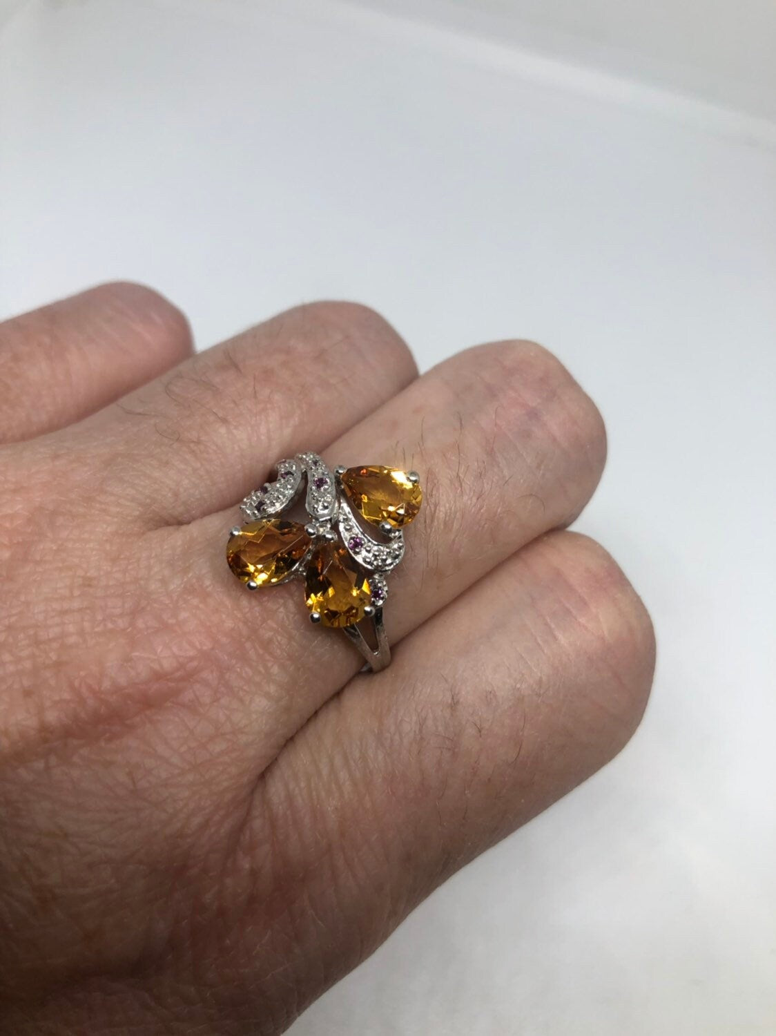 Vintage Gothic Golden Citrine Flower 925 Sterling Silver Ring