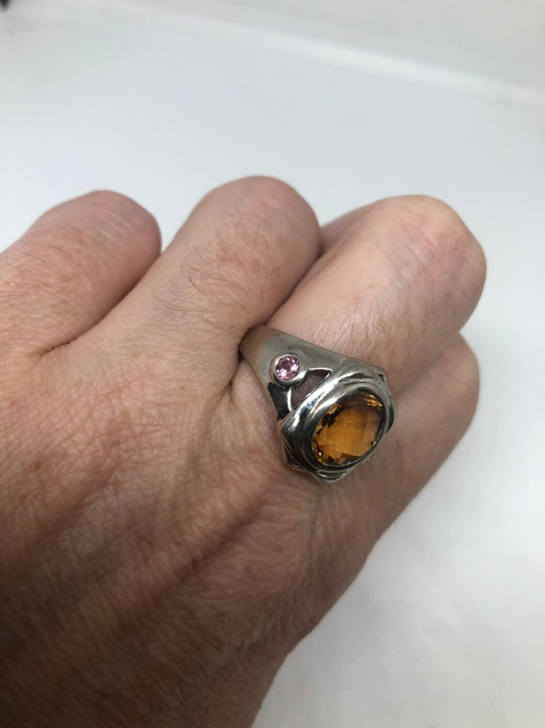 Vintage Gothic Golden Citrine Flower 925 Sterling Silver Ring