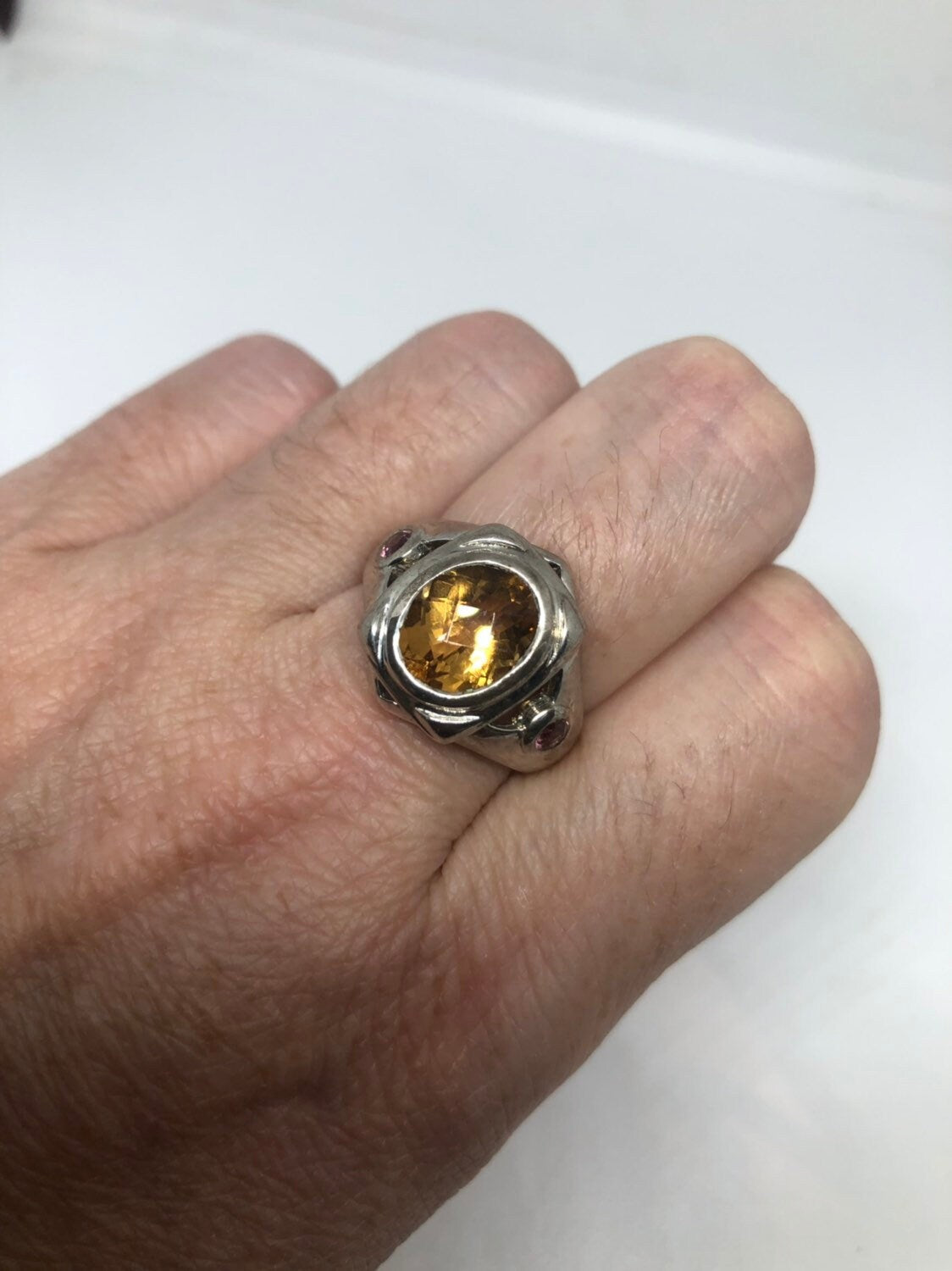 Vintage Gothic Golden Citrine Flower 925 Sterling Silver Ring