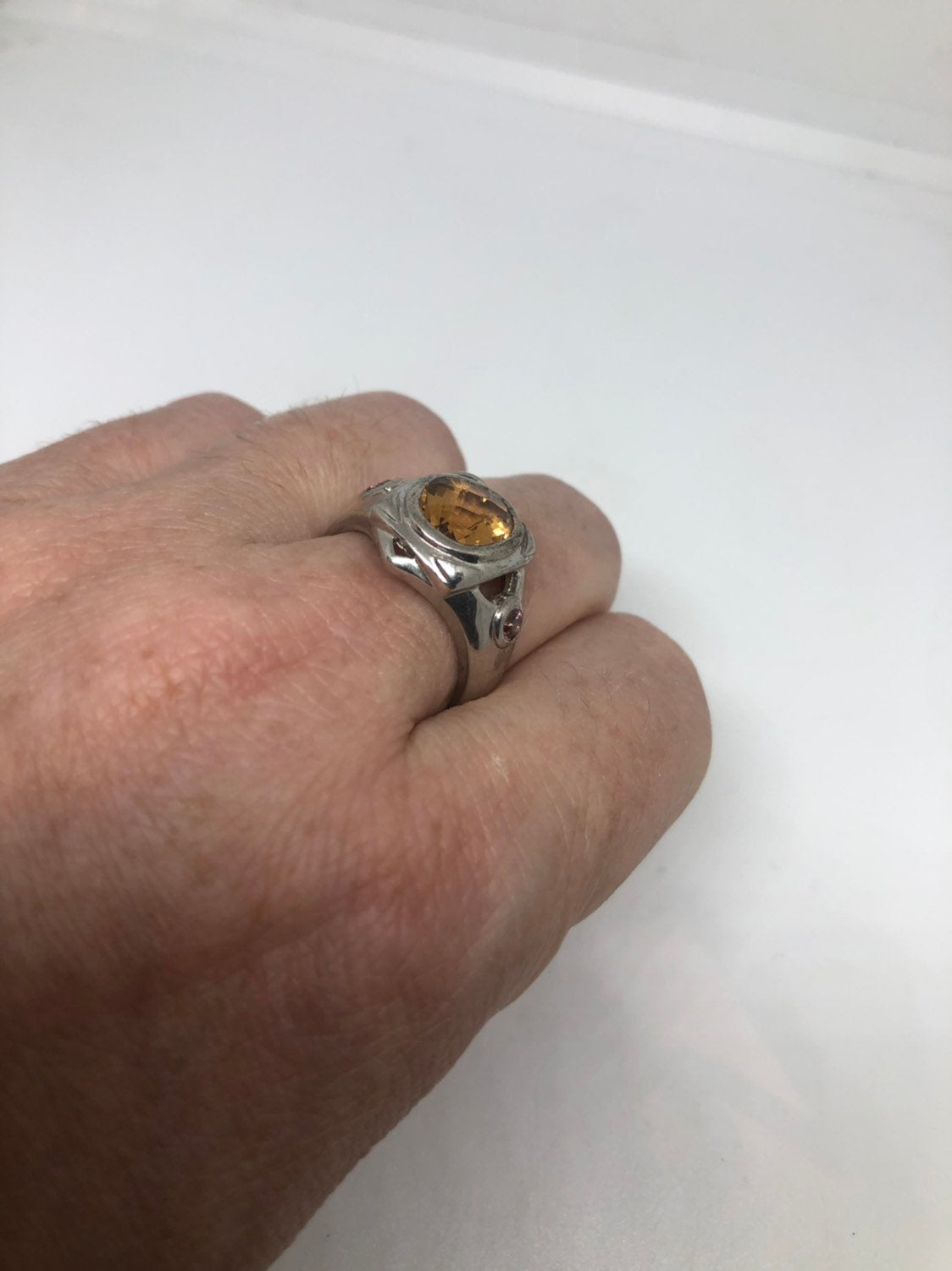 Vintage Gothic Golden Citrine Flower 925 Sterling Silver Ring