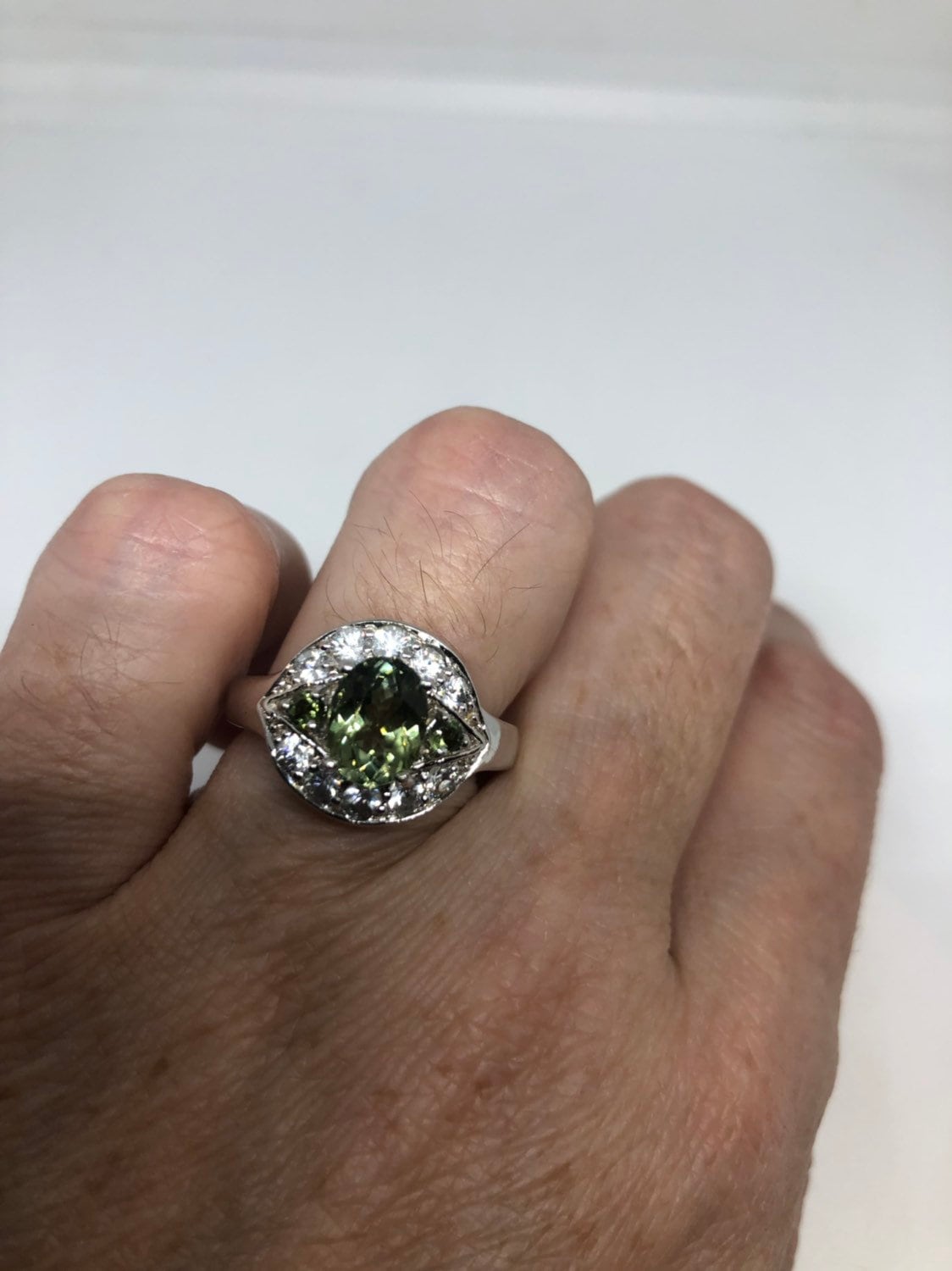 Vintage Handmade Genuine Green Amethyst White Sapphire 925 Sterling Silver Gothic Ring