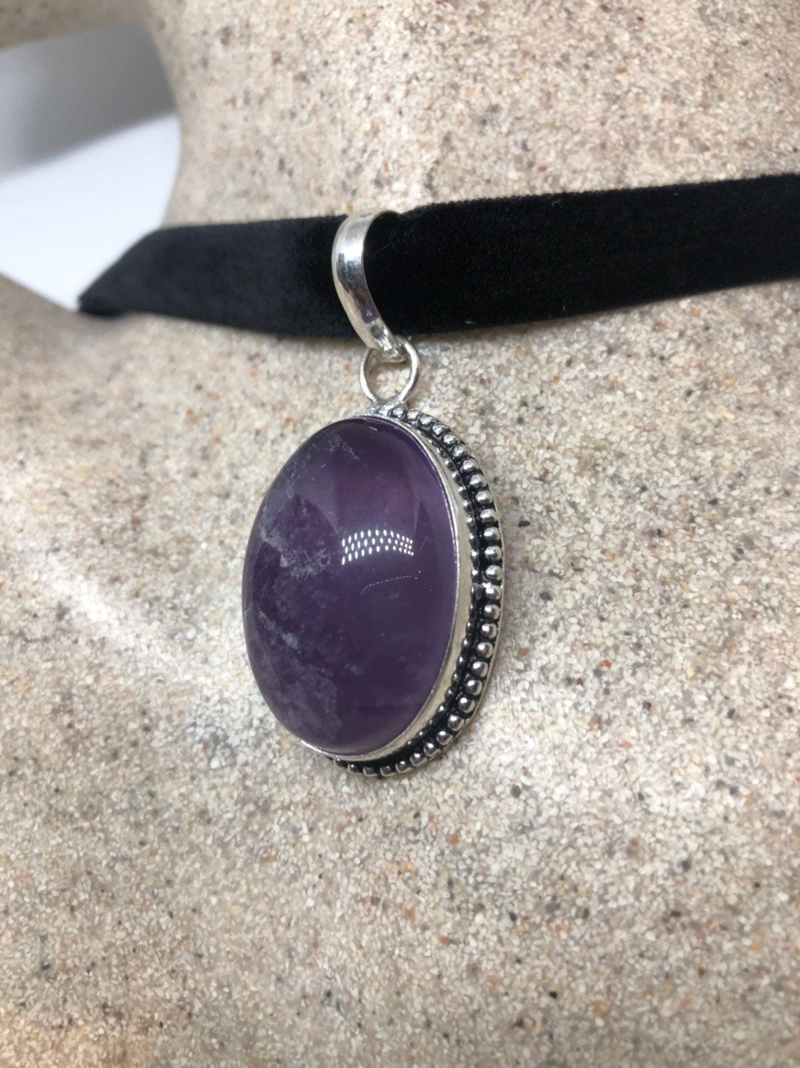 Vintage Amethyst Choker Necklace Bohemian Cabochon Purple Genuine