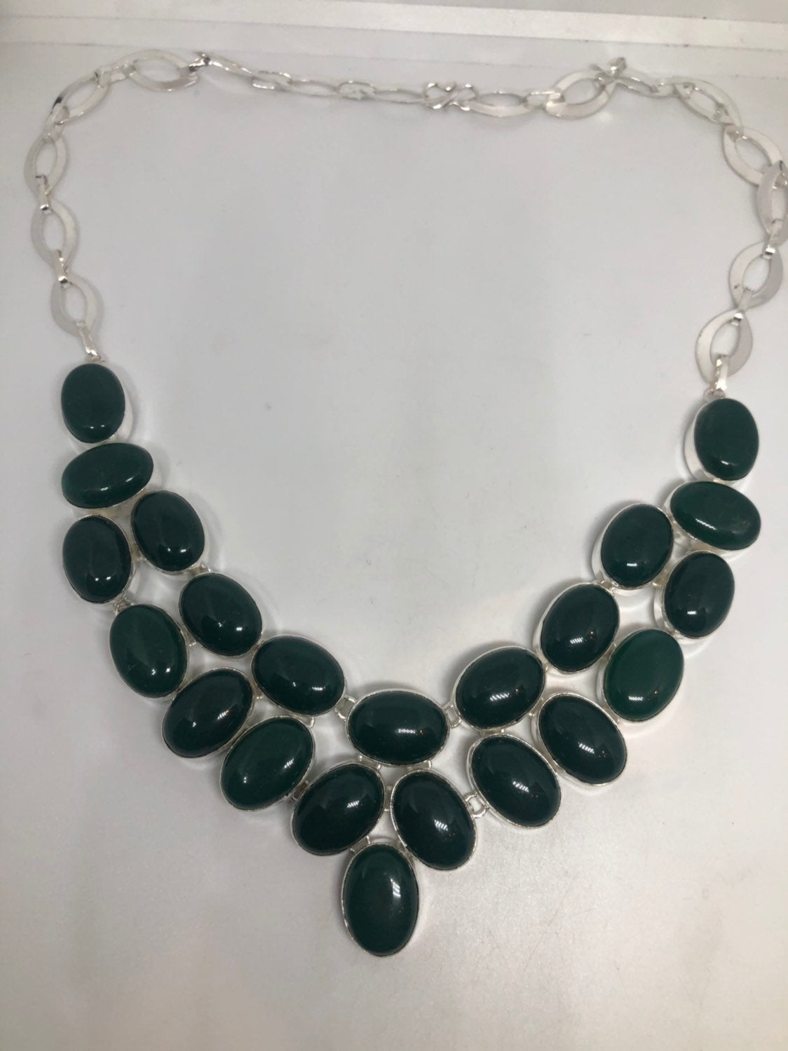 Green Handmade Gothic Styled Silver Finished Genuine Green chrysoprase Jade collar bib Necklace