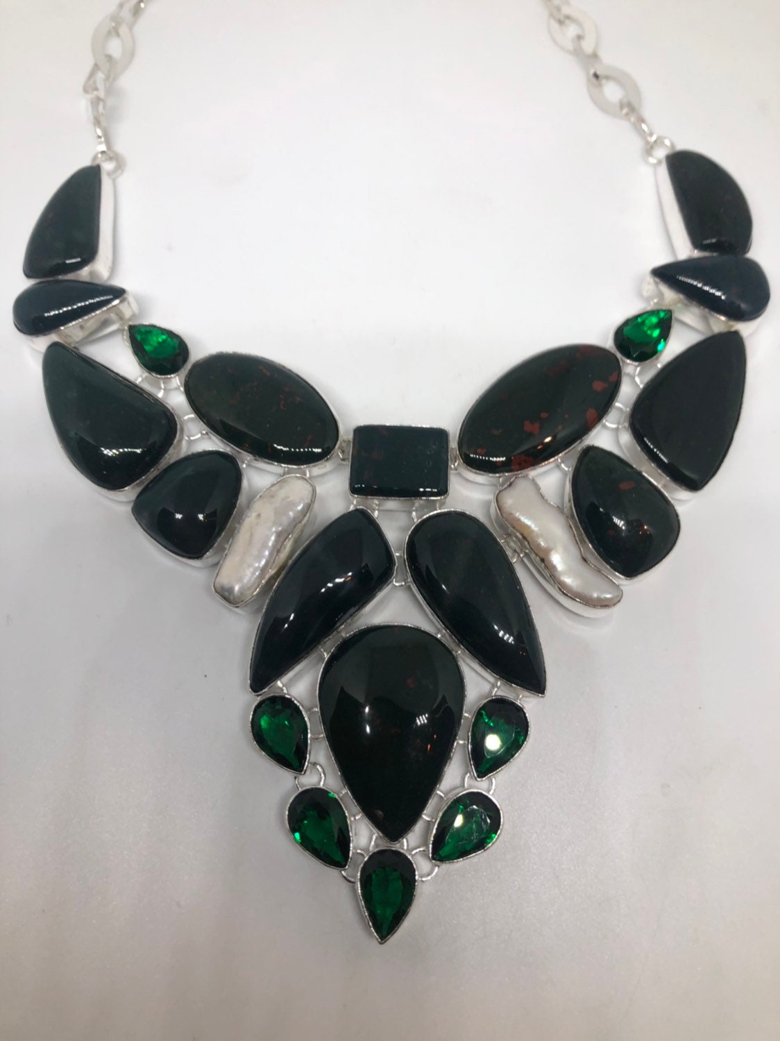 Green Handmade Gothic Styled Silver Finished Genuine Facetted Antique Glass and Green chrysoprase Jade collar bib Necklace