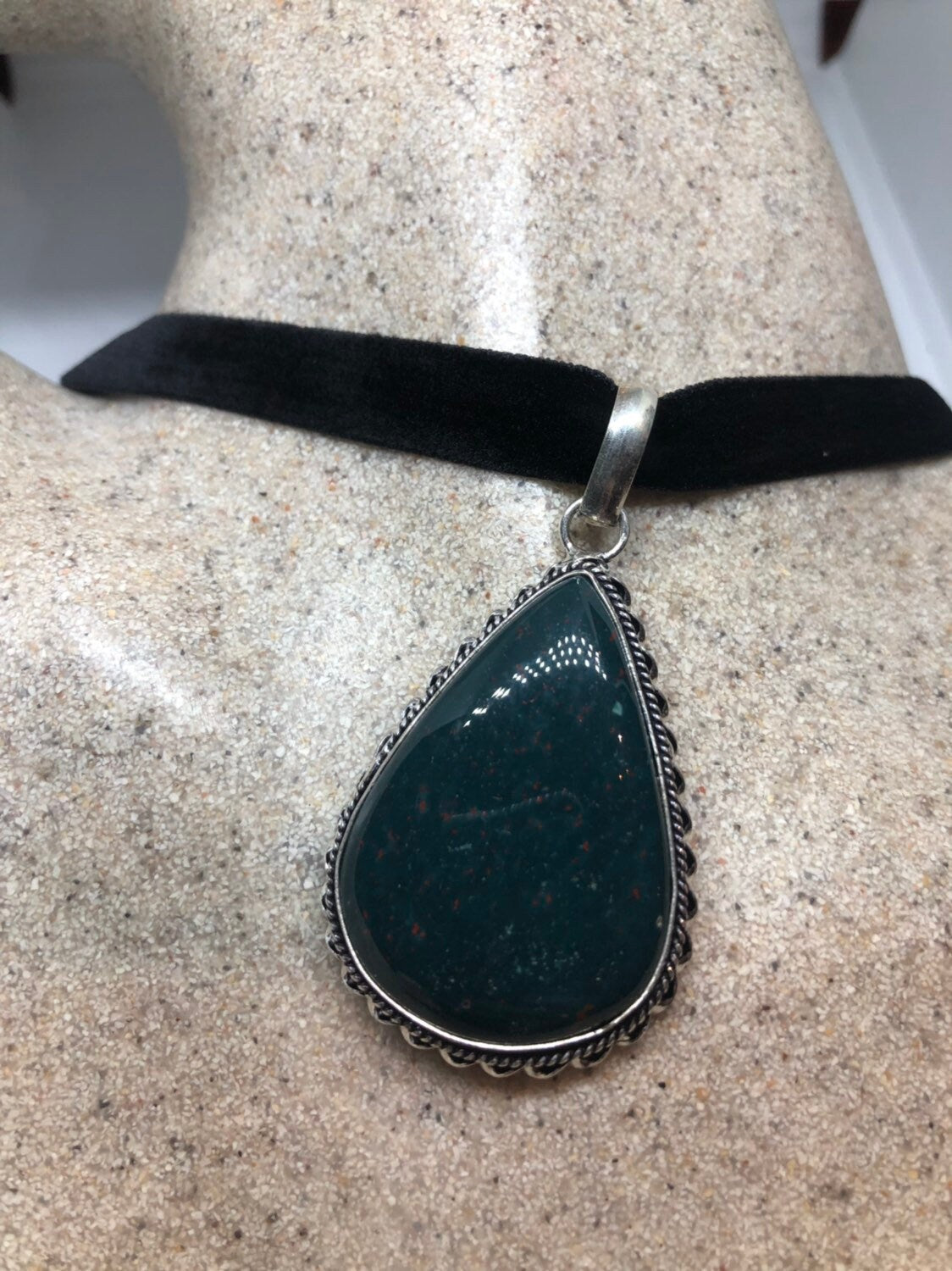 Vintage Green Bloodstone Silver Finish Necklace