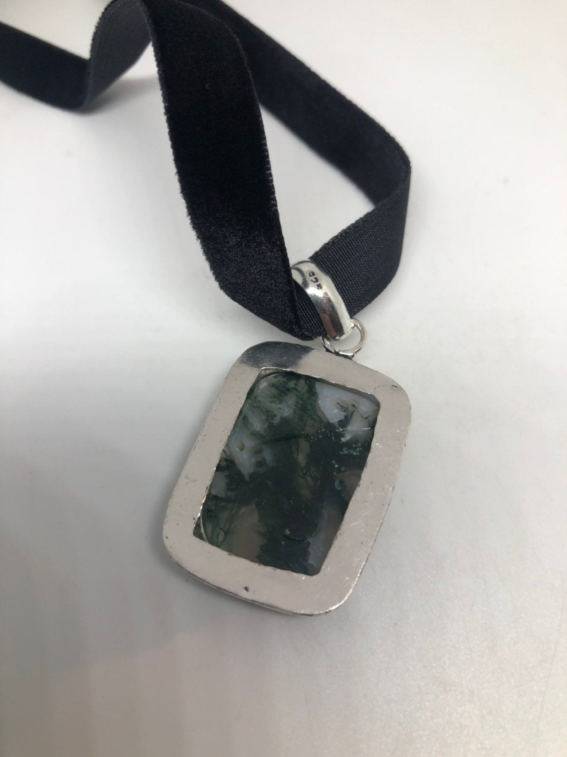 Vintage Green Moss Agate Silver Finish Necklace