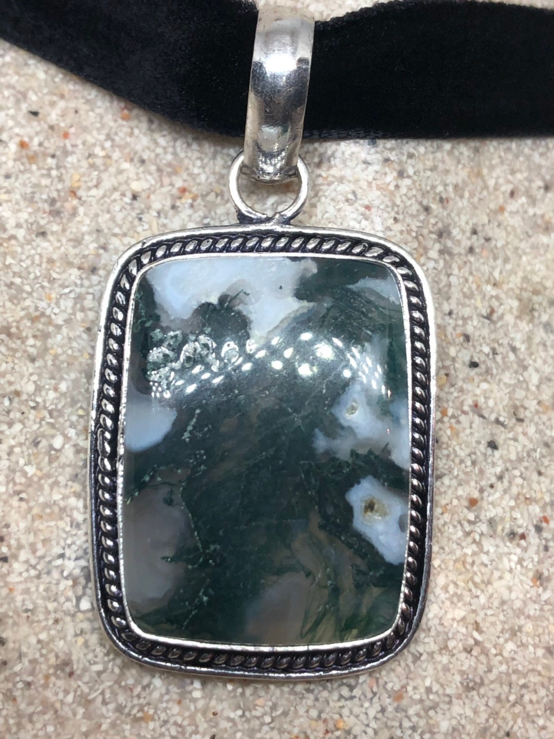 Vintage Green Moss Agate Silver Finish Necklace