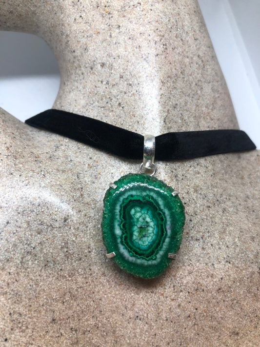 Vintage Green Chysoprase Agate Silver Finish Necklace