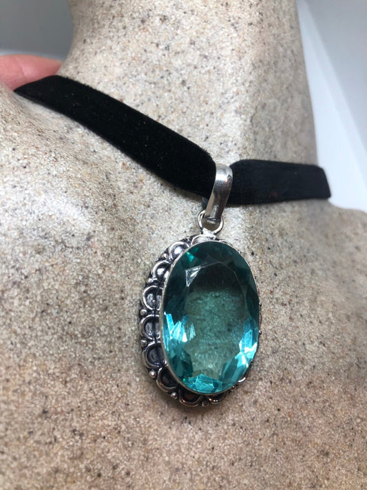 Aqua Handmade Gothic Styled Silver Finished Genuine Facetted Antique Volcanic Glass Choker Necklace