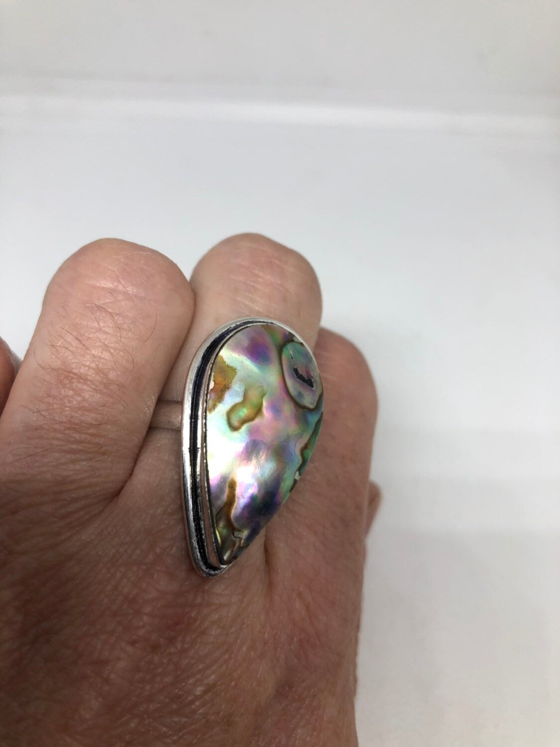 Antique Green Abalone Gothic Filigree Silver Ring