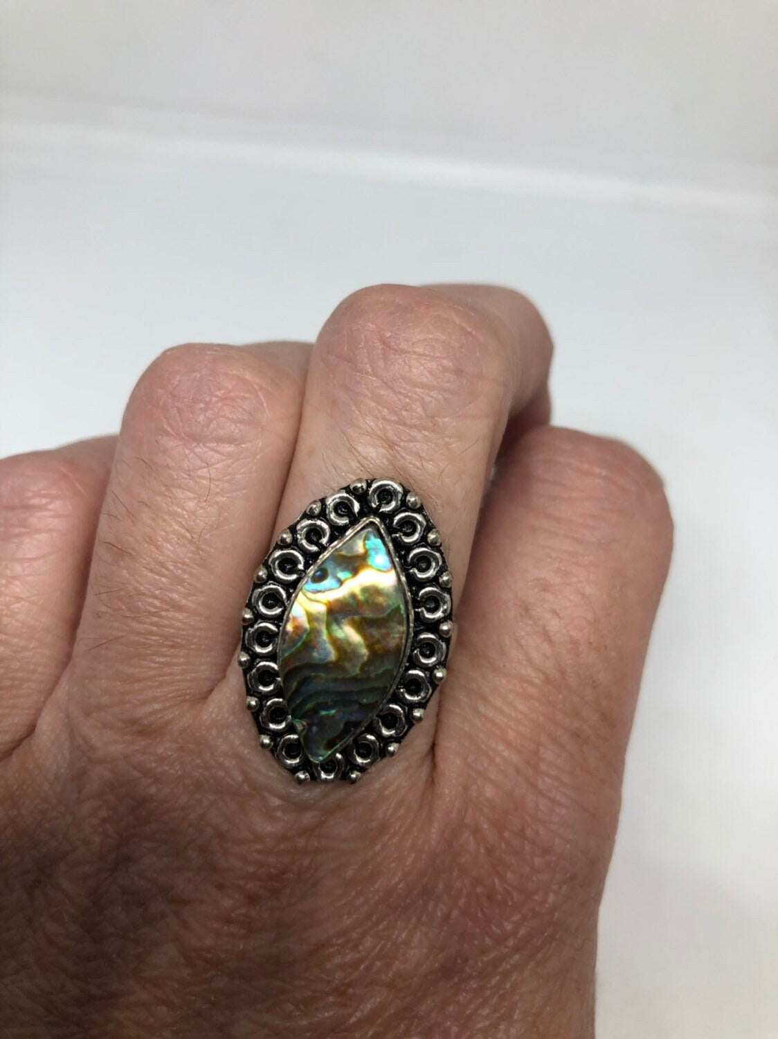 Antique Green Abalone Gothic Filigree Silver Ring