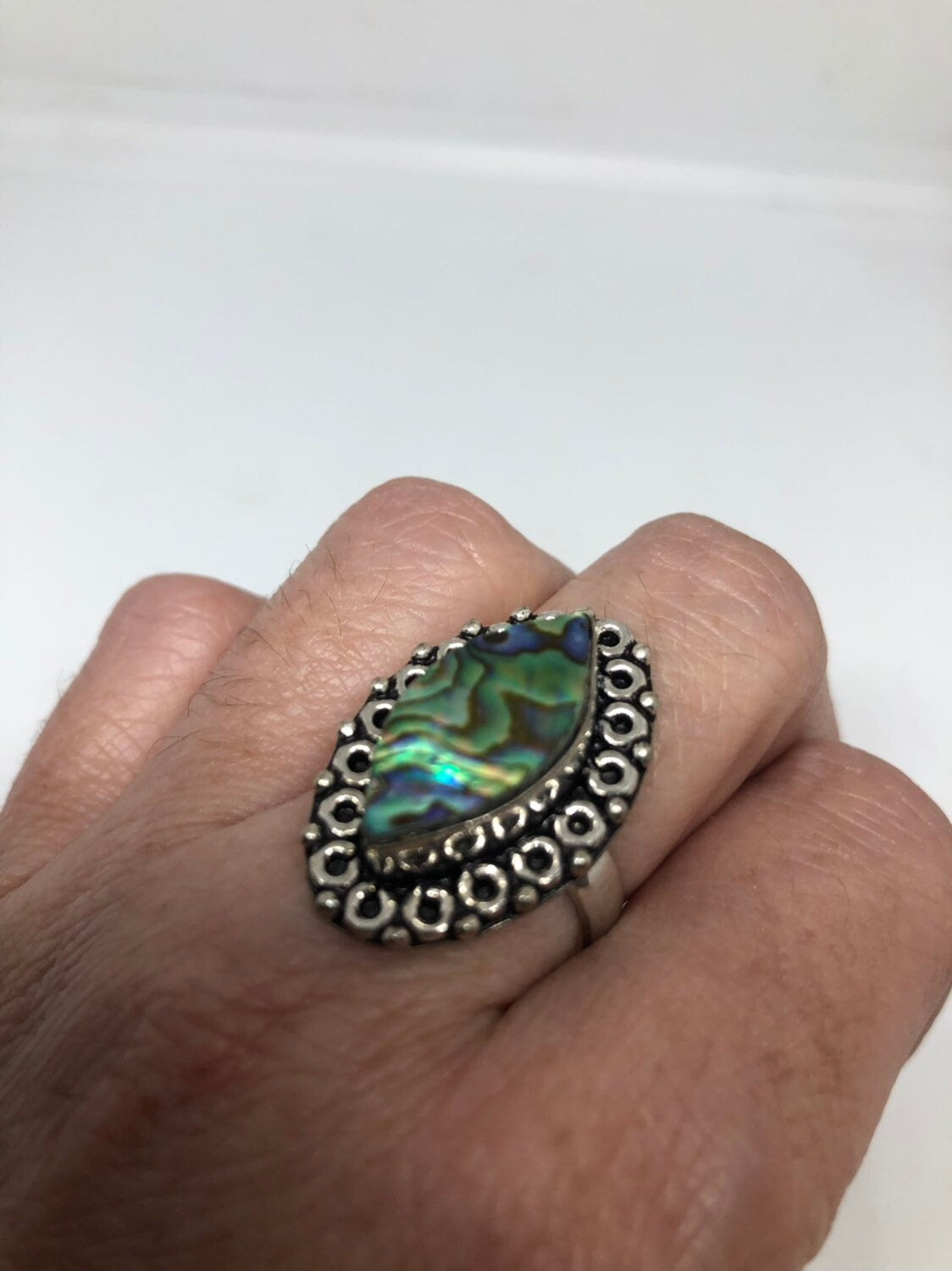 Antique Green Abalone Gothic Filigree Silver Ring