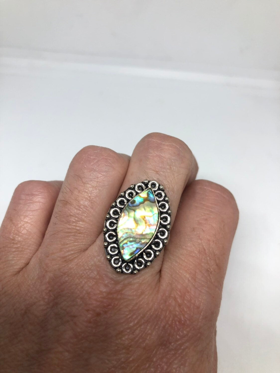 Antique Green Abalone Gothic Filigree Silver Ring