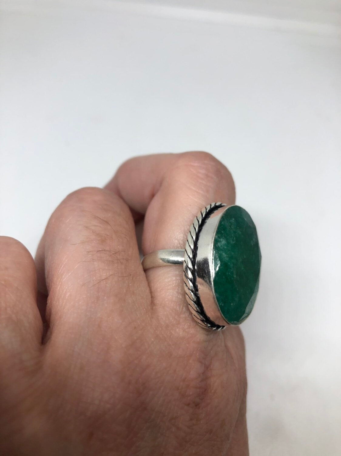 Vintage Green Raw Emerald Silver Bronze Statement Boho Ring