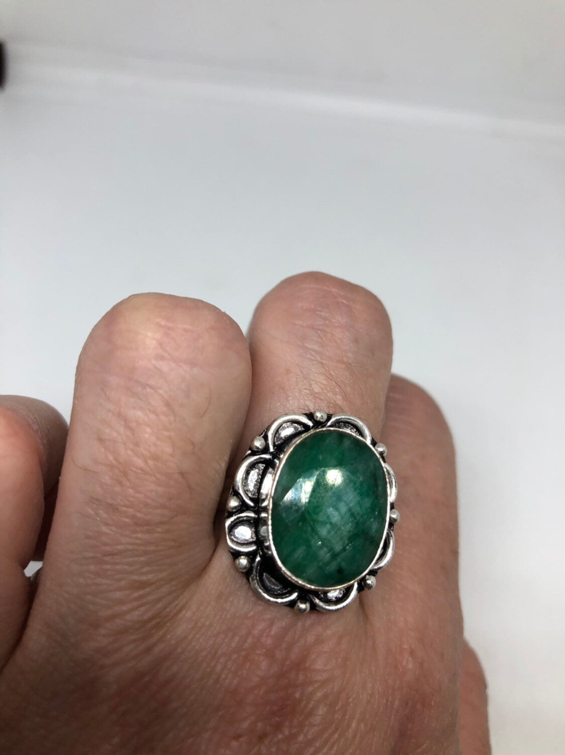 Vintage Green Raw Emerald Silver Bronze Statement Boho Ring