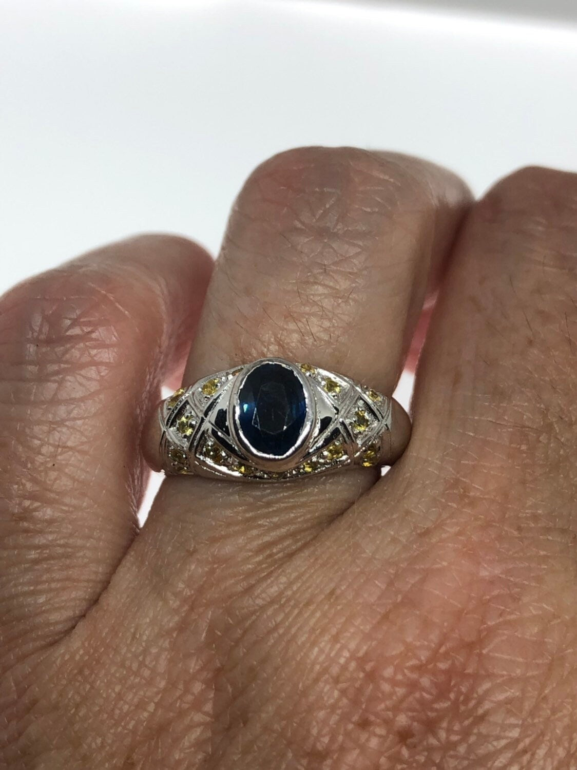 Vintage Handmade Deep Blue Sapphire and Citrine 925 Sterling Silver Gothic Ring