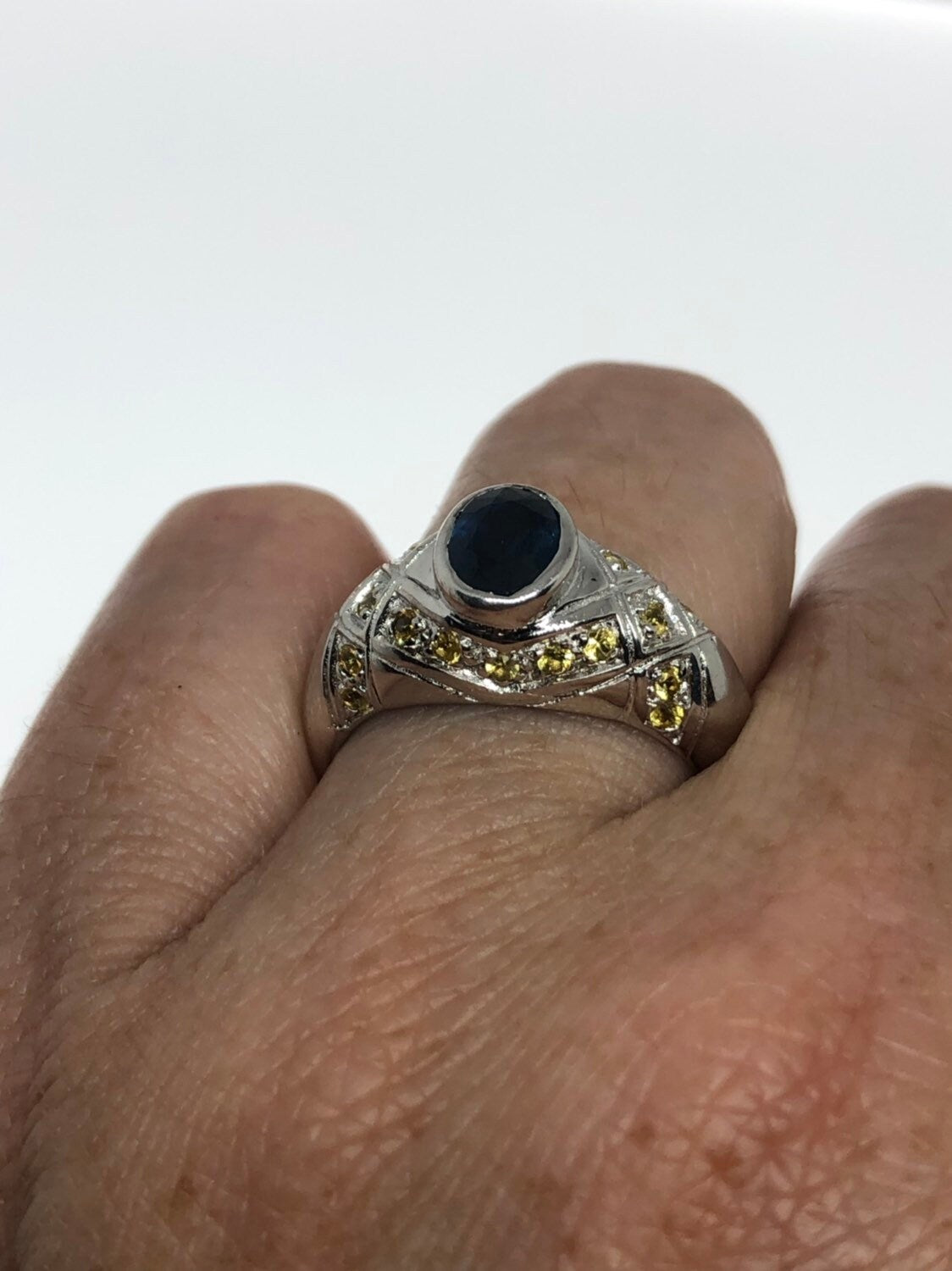 Vintage Handmade Deep Blue Sapphire and Citrine 925 Sterling Silver Gothic Ring